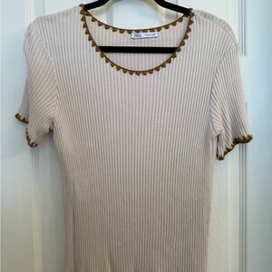 Zara Cream Ribbed Top with Brown Trim